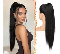 BARSDAR Black Straight Drawstring Ponytail Extension, 28 Inch Long Straight Drawstring Ponytail Extension Natural Looking Fluffy Soft Synthetic Cheer Posh Pony Tails Hairpieces Daily Party