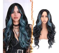 BARSDAR Black Teal Blue Highlight Long Wavy Wig with Curtain Bangs - 28 Inch Teal Blue Black Ombre Highlight Calico Wig for Women - Natural Looking Thick Soft Synthetic Party Halloween Gothic Costume