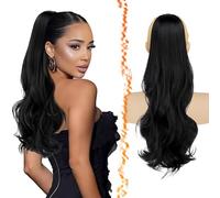 BARSDAR Black Wavy Drawstring Ponytail Extensions, 20 Inch Drawstring Comb Clip in Ponytail Hair Extensions for Women Synthetic Natural Looking Curly Wavy Black Pony Tails Hairpieces