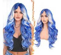BARSDAR Blue Platinum Blonde Long Wavy Wig with Curtain Bangs - 28 Inch Blue Blonde Ombre Highlight Calico Wig for Women - Natural Looking Thick Soft Synthetic Wigs Party Halloween Gothic Costume
