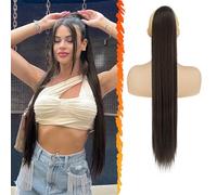 BARSDAR Brown Ponytail Extension, 30 Inch Long Straight Drawstring Ponytail Hair Extensions Synthetic Clip in Pony Tails Hairpieces Fake Straight Ponytail for Women Girls Daily- Dark Brown