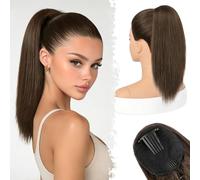 BARSDAR Brown Straight Ponytail Extension, 16 Inch Short Straight Drawstring Brown Ponytail Extension Natural Soft Synthetic Cheer Posh Pony Tails Hairpieces Daily Party Cheer Competition