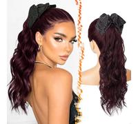 BARSDAR Claw Clip Burgundy Ponytail Extension - 18 Inch Bow Claw Clip Wavy Ponytail Extension for Women, Natural Looking Lightweight Synthetic Soft Wavy Pony Tails Hairpieces Daily, Dark Burgundy Red