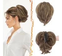 BARSDAR Claw Clip Short Human Hair Ponytail Extension with Bendable Metals - DIY 8 Inch Real Human Hair Medium Brown Blonde Messy Bun Hairpieces for Women - Thick Natural Short Ponytail Daily