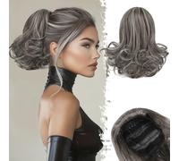 BARSDAR Comb Clip Ponytail Hairpiece with Drawstring, 25 cm Short Wavy Braid Ponytail Extension for Women, Synthetic Grey Hairpieces, Ponytail Hair Extensions - Dark Brown Mix Grey