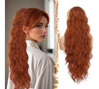 BARSDAR Copper Red Ponytail Extension, 26 Inch Drawstring Ponytail Hair Extensions for Women, Long Curly Wavy Synthetic Clip in Fake Pony Tails Hairpieces Girls Daily Party- Cowboy Copper Red