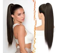 BARSDAR Dark Brown Straight Drawstring Ponytail Extension, 28 Inch Long Straight Drawstring Ponytail Extension Natural Looking Fluffy Soft Synthetic Cheer Posh Pony Tails Hairpieces Daily Party