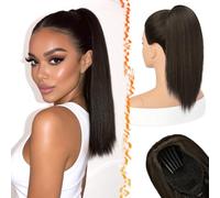 BARSDAR Dark Brown Straight Ponytail Extension, 16 Inch Short Straight Drawstring Ponytail Extension Natural Soft Synthetic Cheer Posh Pony Tails Hairpieces Daily Party Cheer Competition
