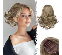 BARSDAR Drawstring Ponytail Extension, 10 Inch Short Wavy Highlight Ponytail Extensions for Women Synthetic Comb Clip in Ponytail Hairpieces Fake Pony Tails - Medium Brown with Highlights