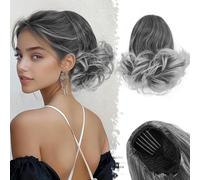 BARSDAR Drawstring Ponytail Extension, 10 Inch Short Wavy Ponytail Hair Extensions for Women Synthetic Comb Clip in Ponytails Hairpieces Salt and Pepper Pony Tail - Dark Gray & White Tips