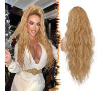 BARSDAR Drawstring Ponytail Extension, 26 Inch Long Curly Wavy Blonde Highlight Drawstring Ponytail Hair Extensions for Women, Synthetic Clip in Pony Tails Hairpieces Daily Party- Blonde Mixed