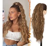 BARSDAR Drawstring Ponytail Extension, 26 Inch Long Curly Wavy Highlight Drawstring Ponytail Hair Extensions for Women, Synthetic Clip in Ponytail Hairpieces Fake Pony Tail, Dark Brown & Auburn
