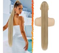 BARSDAR Drawstring Ponytail Extension, 34 Inch Long Straight Blonde Ponytail Hair Extensions Synthetic Fake Pony Tails Hairpieces Clip in Ponytail for Women Girls Daily- Light Ash Blonde Mixed