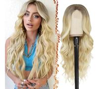 BARSDAR Long Blonde Wavy Wig - 26 Inch Middle Part Lace Front Natural Soft Synthetic Hair - Ombre Blonde