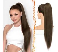 BARSDAR Medium Brown Straight Drawstring Ponytail Extension, 28 Inch Long Straight Drawstring Ponytail Extension Natural Looking Fluffy Soft Synthetic Cheer Posh Pony Tails Hairpieces Daily Party