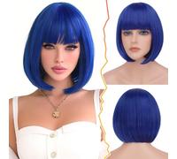 BARSDAR Navy Blue Short Bob Wig With Bangs - Short Blue Bob Wig With Bangs for Women - 12 Inch Chin-Length Natural Looking Thick Soft Synthetic Halloween Costume Colorful Party Bobs Wigs