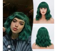 BARSDAR Pastel Wavy Wig Fluffy Lovely Curly Wigs with Bangs 14 Inches Soft Heat Resistant Synthetic Hair Shoulder Length Cosplay Party Wig with Free Wig Cap for Women/Girl- Dark Green