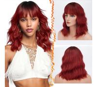 BARSDAR Pastel Wavy Wig Fluffy Lovely Curly Wigs with Bangs 14 Inches Soft Heat Resistant Synthetic Hair Shoulder Length Cosplay Party Wig with Free Wig Cap for Women/Girl- Red