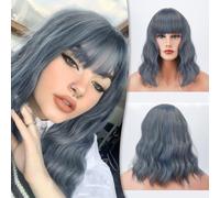 BARSDAR Pastel Wavy Wig Fluffy Lovely Curly Wigs with Bangs 14 Inches Soft Heat Resistant Synthetic Hair Shoulder Length Cosplay Party Wig with Free Wig Cap for Women/Girl- Grey Mix Blue