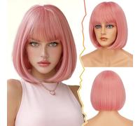 BARSDAR Pink Short Wig With Bangs, 12 Inch Short Pink Bob Wig Straight Bob With Bangs Wig for Women Girls Natural Looking Soft Heat Resistant Synthetic Wigs Daily Party Halloween- Pink