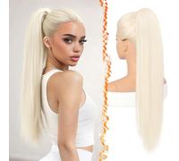 BARSDAR Platinum Blonde Straight Drawstring Ponytail Extension, 28 Inch Long Straight Drawstring Ponytail Extension Natural Looking Soft Synthetic Cheer Posh Pony Tails Hairpieces Daily Party
