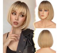 BARSDAR Short Blonde Bob Wig With Bangs, 12'' Ombre Blonde With Brown Roots - Heat Resistant Synthetic Natural Looking for Daily Halloween