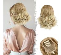 BARSDAR Short Blonde Ponytail Extension 10 Inch Wavy Drawstring Ponytail Hair Extensions for Women Synthetic Comb Clip in Ponytail Hairpieces Fake Pony Tails - Mixed Blonde & Bleach Tips