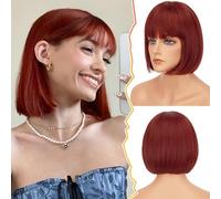 BARSDAR Short Bob Wig with Bangs - Short Copper Red Bob Wig with Bangs for Women - 12 Inch Chin-Length Natural Looking Soft Synthetic Hair Replacement Daily Halloween Party Copper Red Wigs