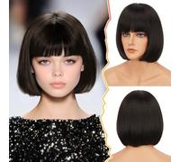 BARSDAR Short Brown Bob Wig with Bangs - Dark Brown Short Bob Wig with Bangs for Women - 12 Inch Chin-Length Natural Looking Synthetic Hair Replacement Party Halloween Mathilda Costume Dora Wigs