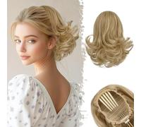 BARSDAR Short Drawstring Ponytail, 10 Inch Wavy Highlight Ponytail Hair Extensions for Women Synthetic Comb Clip in Ponytail Hairpieces Fake Pony Tails - Golden Blonde with Highlights