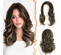 BARSDAR Short Wavy Ash Brown Highlight Wig, Shoulder Length Wavy Layered Wigs for Women Short Layered Wig with Curtain Bangs Soft Synthetic Natural Looking Daily, Ash Brown with Blonde Highlights