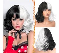 BARSDAR Short Wavy Black and White Wig with Bangs - Short Wavy Half Black Half White Bob Wig with Bangs for Women - 14 Inch Thick Soft Synthetic Party Halloween Gothic Wigs Natural Looking