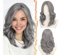 BARSDAR Short Wavy Layered Gray Wig, Shoulder Length Wavy Gray Wigs for Women Short Natural Body Wave Layered Grey Salt and Pepper Curtain Bangs Wig Soft Synthetic Natural Looking Daily Party