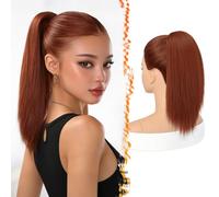 BARSDAR Straight Auburn Ponytail Extension, 16 Inch Short Straight Drawstring Ginger Ponytail Extension Natural Soft Synthetic Cheer Posh Pony Tails Hairpieces Daily Party Cheer Competition