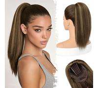 BARSDAR Straight Drawstring Ponytail Extension, 16 Inch Short Straight Ponytail Extension Natural Soft Synthetic Cheer Posh Pony Tails Hairpieces Daily Party Cheer Competition, Brown with Blonde