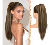 BARSDAR Straight Drawstring Ponytail Extension, 22 Inch Long Straight Ponytail Extension Natural Looking Layered Soft Synthetic Cheer Posh Pony Tails Hairpieces Daily Party, Brown with Blonde