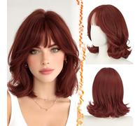 BARSDAR Synthetic Short Layered Copper Red Bob Wig with Wispy Curtain Bangs