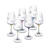 Barski Wine, Water, Goblet Crystal Glasses, With Butterfly Imprint on the Glass, Assorted Colour Stem, Set of 6 Glasses, 16 oz, Gift Boxed, Made in Europe
