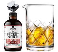 Bartender’s Secret Sauce USDA Organic Old Fashioned Mix - Cocktail Kit with 8oz Bottle, Crystal Mixing Glass & 4-Cube Ice Mold - Home Bar Gift Set - Just Add Bourbon or Rye
