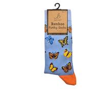 Bartleby Butterfly Pattern Bamboo Socks, Light Blue with Orange Heel, Size 4-7