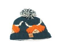 Bartleby Highland Cow Wool Knit Bobble Hat Blue/Pink