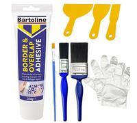 Bartoline Border & Overlap Adhesive Tube - 250g | Complete Wallpaper Border Application Kit with 1" & 2" Paintbrushes, Detail Brush, 3pc Putty Knife Set & Gloves