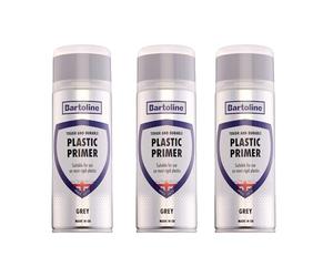 Bartoline Plastic Primer Grey Spray Paint 400ml - 3 Pack High Adhesion Primer for PVC, Resin, Vinyl, Fibreglass & More - Interior and Exterior Use Fast-Drying Matte Finish