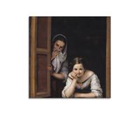 Bartolomé Estebán Murillo-Two Women at A Window Art Poster Painting On Canvas Wall Art Scroll Picture Print Living Room Walls Decor Homes 16x16inch(40x40cm)
