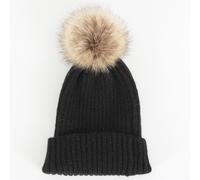 Barts Augusti Beanie 001 Black - Wool Blend, Turn-Up, Faux Fur Pom, Fleece-Lined Comfort