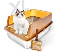 Bartuke Cat Litter Box Stainless Steel, Metal XL Large High Sided Cat Litter Tray with Scoop, Detachable Spill Preventing Rim, Easy Clean, For Kittens Large Medium Cats(Brown)
