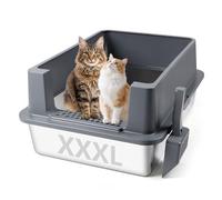Bartuke Cat Litter Box Stainless Steel, XXXL Metal High Sided Litter Tray with Scoop, Leak-Proof, Easy Clean For Big Cats/Multiple Cats (Dark Grey)