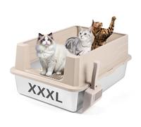 Bartuke Extra Large Stainless Steel Cat Litter Box, XXXL Metal High Sided Cat Litter Tray with Scoop, Leak-Proof, Easy Clean for Big Cats/Multiple Cats (Khaki)