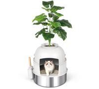 Bartuke Hidden Cat Litter Box with Artificial Plant, Stainless Steel Discreet Litter Box Enclosure Furniture for Large Cats, Includes Scoop, Pebbles, Odor Control, Anti-sticky, Easy to Clean (Beige)