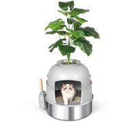 Bartuke Hidden Cat Litter Box with Artificial Plant, Stainless Steel Discreet Litter Box Enclosure Furniture for Cats, Includes Scoop, Pebbles, Odor Control, Anti-sticky, Easy to Clean (Light grey)